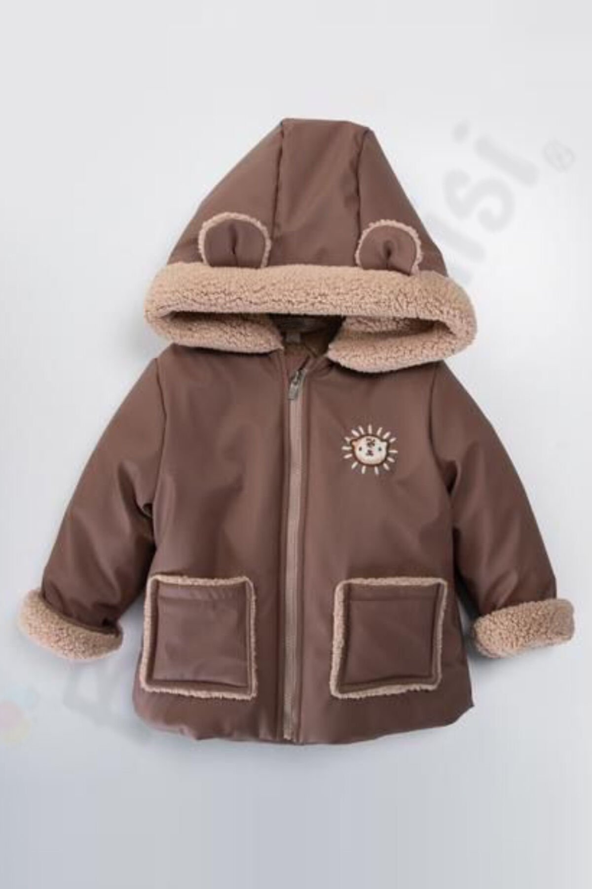 Ayılı İçi Peluş Kürklü Fermuarlı Cepli Kalın Kapüşonlu Kar Şişme Kışlık Erkek Bebek Mont Çocuk Kaban Kahverengi - 5-6 Yaş
