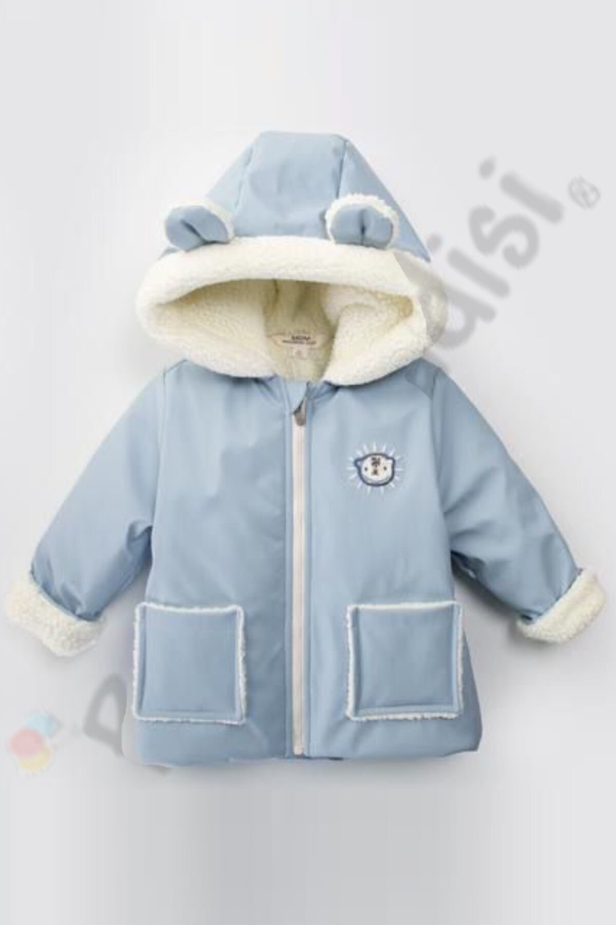 Ayılı İçi Peluş Kürklü Fermuarlı Cepli Kalın Kapüşonlu Kar Şişme Kışlık Erkek Bebek Mont Çocuk Kaban Mavi - 4-5 Yaş