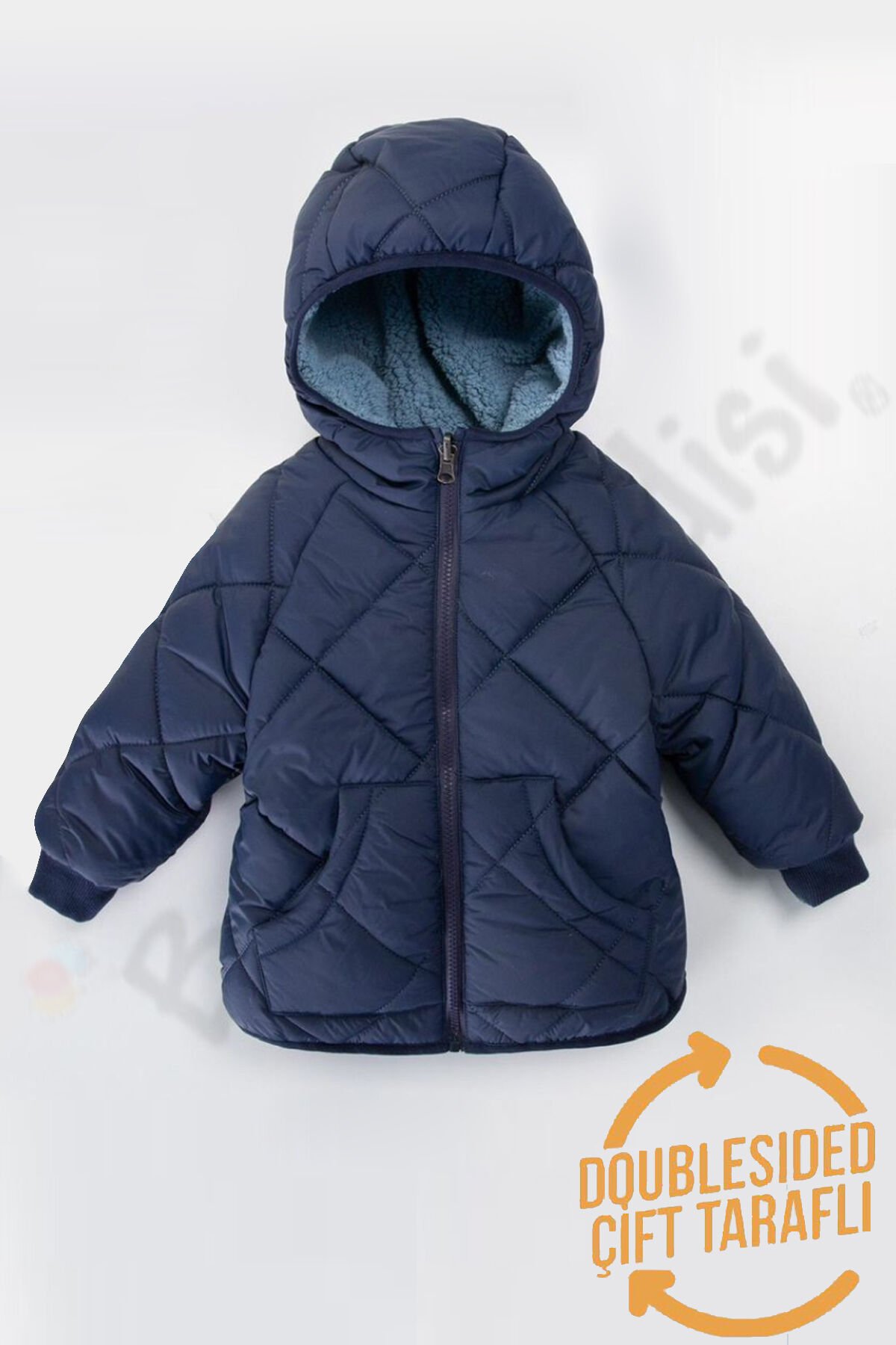 Çift Taraflı Peluş Kürklü Şişme Fermuarlı Cepli Kar Kapüşonlu Kışlık Erkek Bebek Mont Çocuk Kaban Haki - 3-4 Yaş