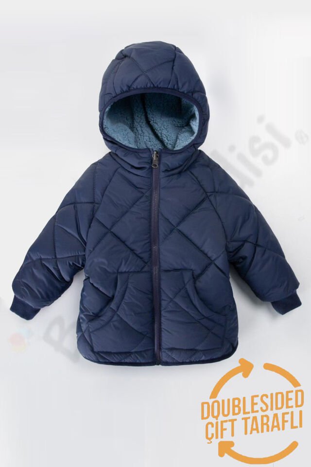 Çift Taraflı Peluş Kürklü Şişme Fermuarlı Cepli Kar Kapüşonlu Kışlık Erkek Bebek Mont Çocuk Kaban Lacivert - 2-3 Yaş