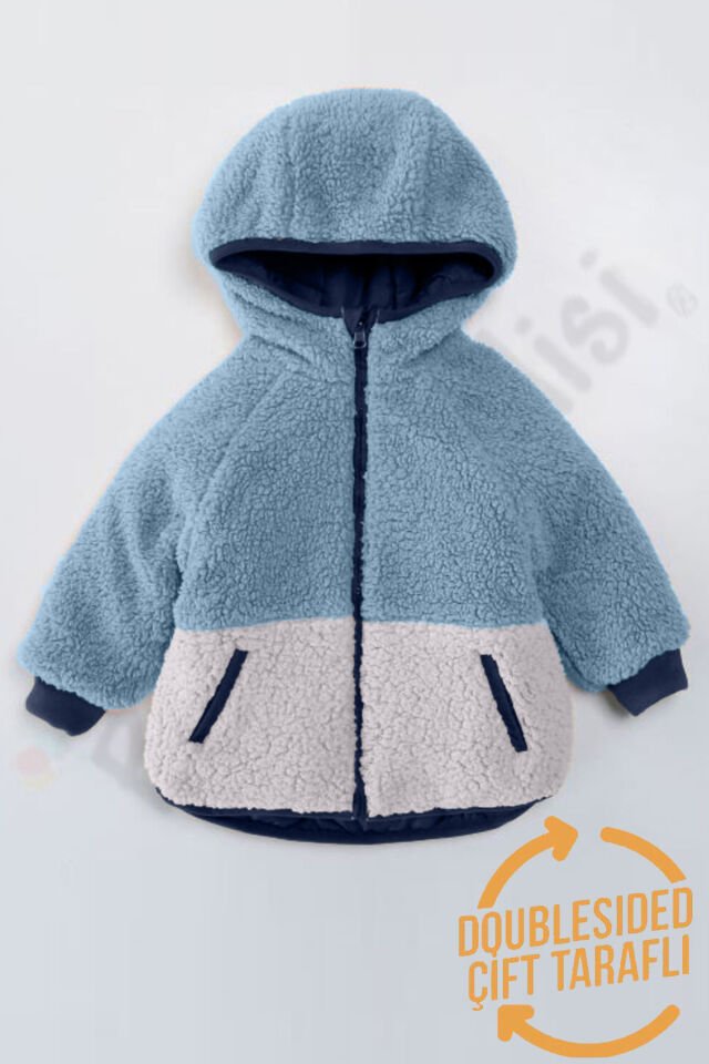 Çift Taraflı Peluş Kürklü Şişme Fermuarlı Cepli Kar Kapüşonlu Kışlık Erkek Bebek Mont Çocuk Kaban Lacivert - 2-3 Yaş