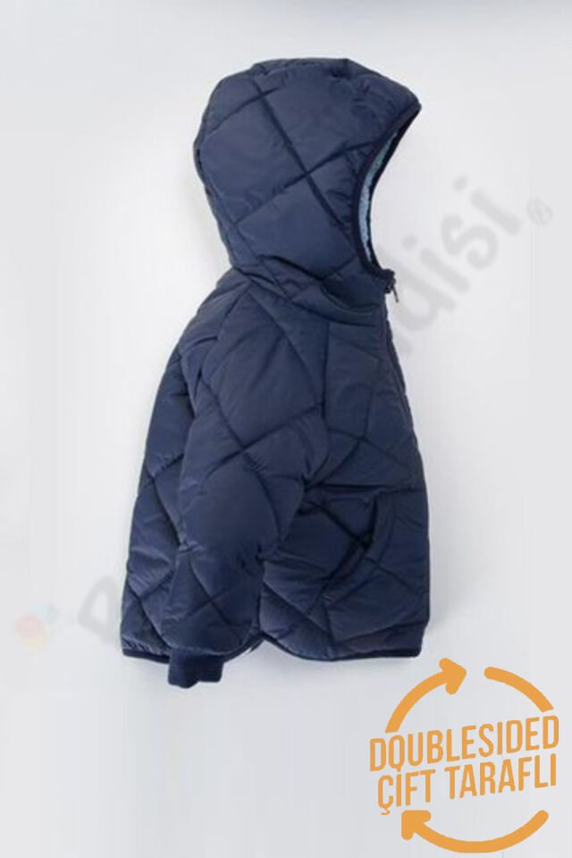 Çift Taraflı Peluş Kürklü Şişme Fermuarlı Cepli Kar Kapüşonlu Kışlık Erkek Bebek Mont Çocuk Kaban Lacivert - 3-4 Yaş
