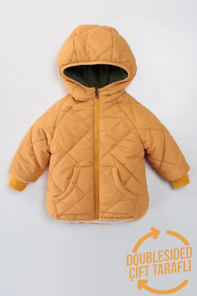 Çift Taraflı Peluş Kürklü Şişme Fermuarlı Cepli Kar Kapüşonlu Kışlık Erkek Bebek Mont Çocuk Kaban Haki - 3-4 Yaş