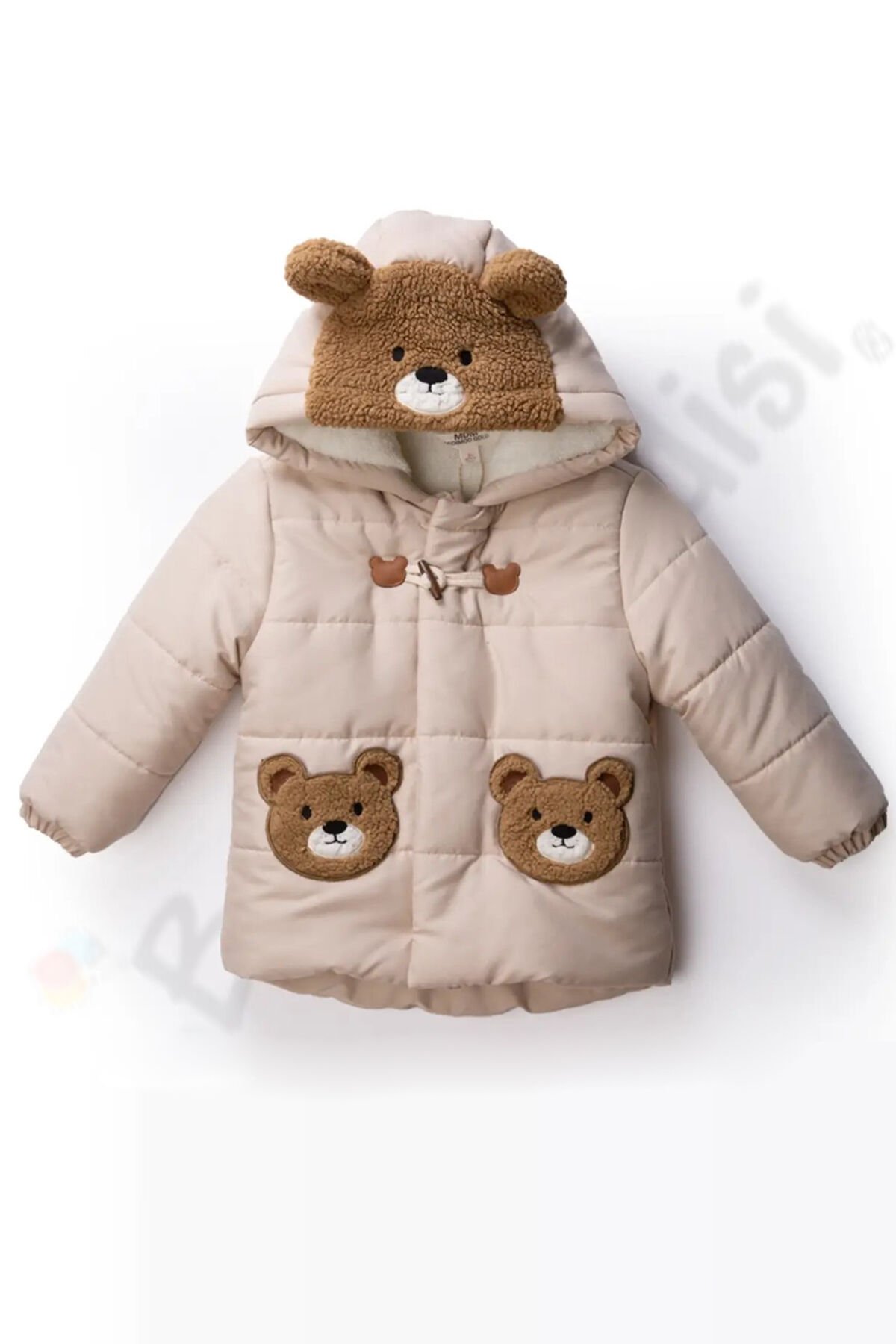 Ayıcıklı Fermuarlı İçi Peluş Kürklü Kalın Kapüşonlu Kar Şişme Kışlık Erkek Bebek Mont Çocuk Kaban Bej - 2-3 Yaş