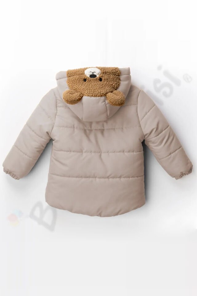 Ayıcıklı Fermuarlı İçi Peluş Kürklü Kalın Kapüşonlu Kar Şişme Kışlık Erkek Bebek Mont Çocuk Kaban Bej - 2-3 Yaş