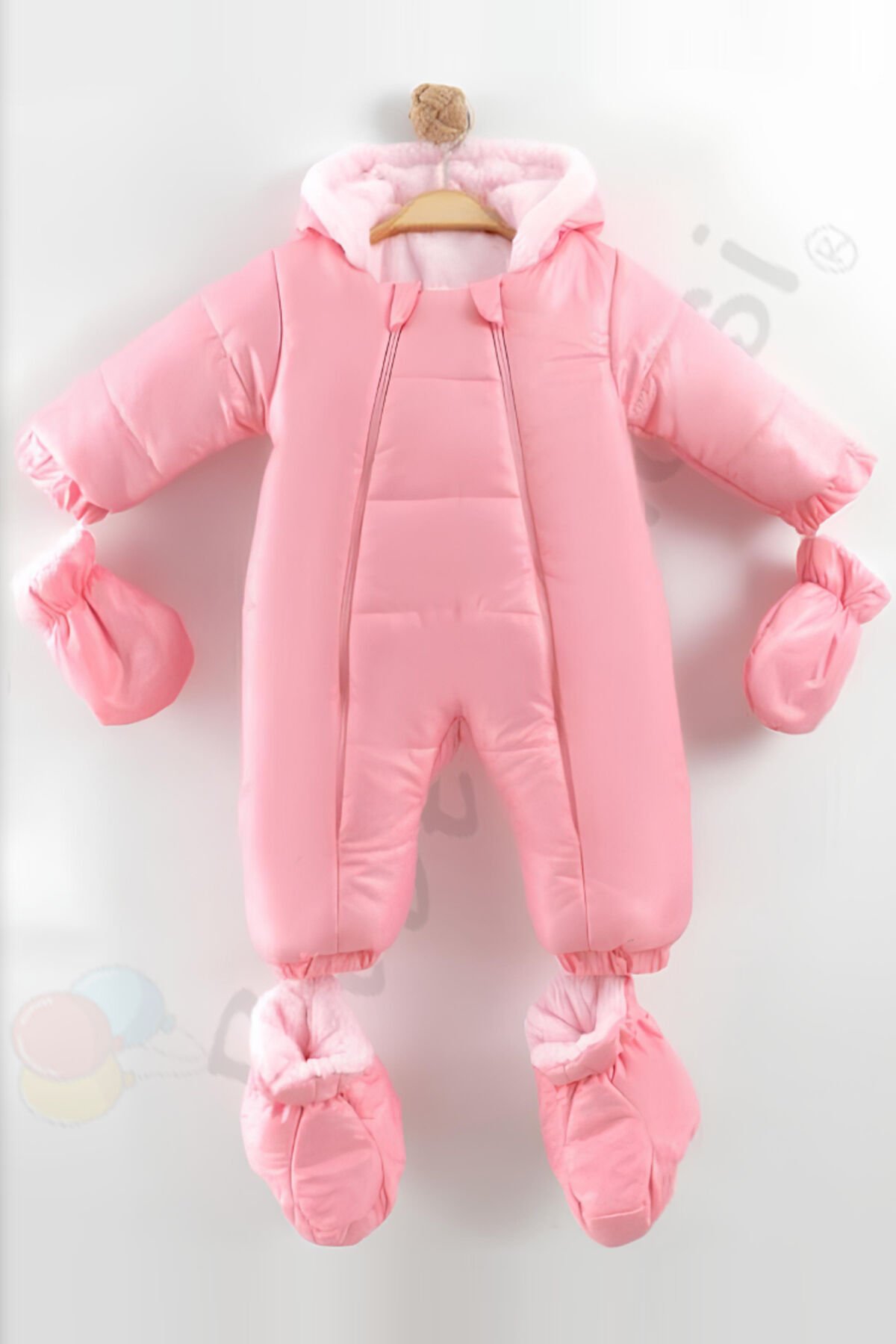 YENİ Patikli İçi Peluş Eldivenli Kapüşonlu Çocuk Kar Kışlık Kız Bebek Astronot Tulum Kozmonot Mont Pembe - 3-6 Ay