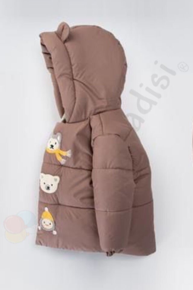 Su geçirmez İçi Kürklü Peluş Fermuarlı Kalın Kapüşonlu Şişme Kar Kışlık Erkek Bebek Mont Çocuk Kaban Kahverengi - 2-3 Yaş