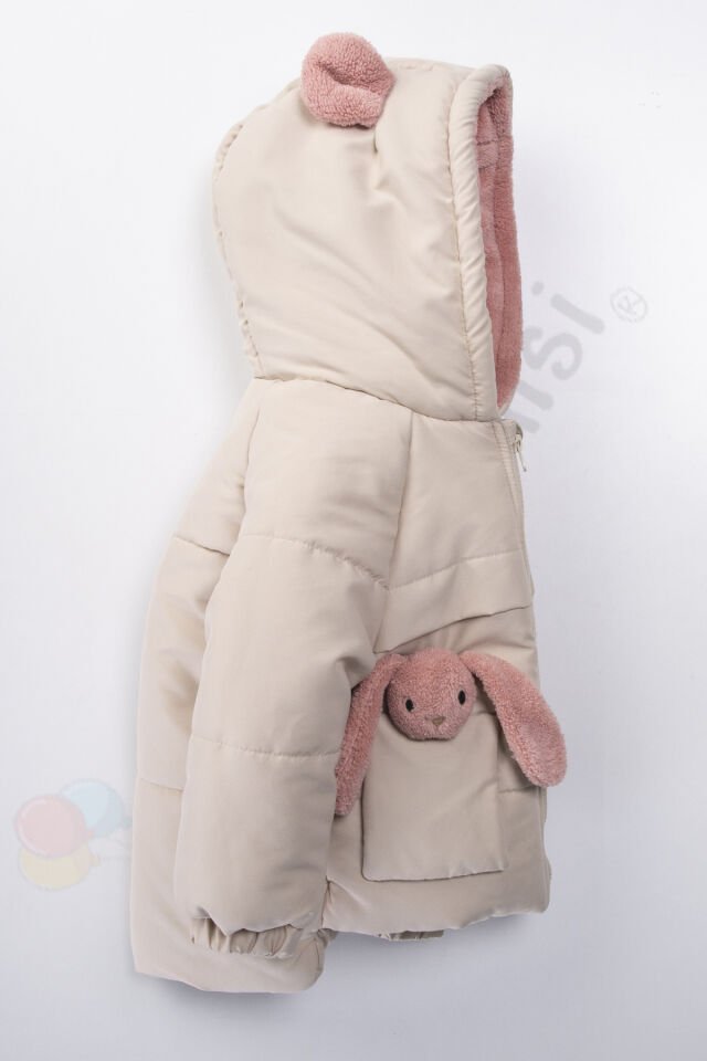 YENİ Tavşanlı Fermuarlı İçi Peluş Kürklü Kalın Kapüşonlu Kar Şişme Kışlık Kız Bebek Mont Çocuk Kaban Bej - 3-4 Yaş