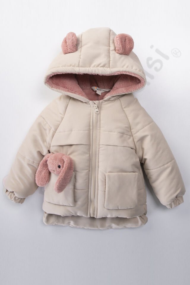 YENİ Tavşanlı Fermuarlı İçi Peluş Kürklü Kalın Kapüşonlu Kar Şişme Kışlık Kız Bebek Mont Çocuk Kaban Bej - 4-5 Yaş