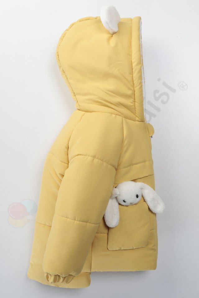 YENİ Tavşanlı Fermuarlı İçi Peluş Kürklü Kalın Kapüşonlu Kar Şişme Kışlık Kız Bebek Mont Çocuk Kaban Sarı - 3-4 Yaş