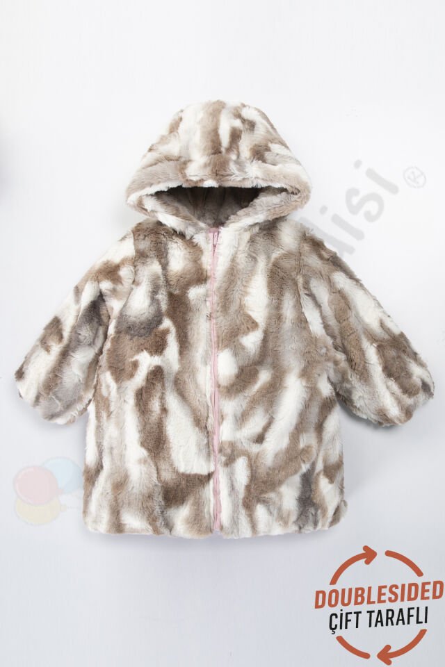 Çift Taraflı içi Kürklü Peluş Şişme Fermuarlı Kalın Kar Kapüşonlu Kışlık Kız Bebek Mont Çocuk Kaban Pembe - 4-5 Yaş