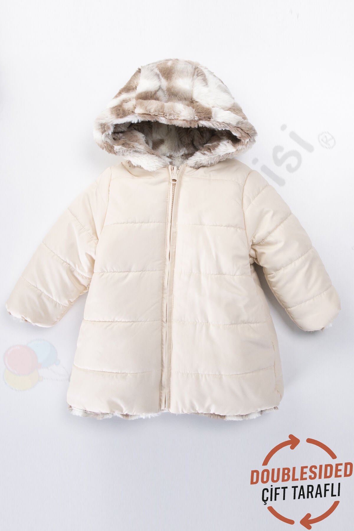 Çift Taraflı içi Kürklü Peluş Şişme Fermuarlı Kalın Kar Kapüşonlu Kışlık Kız Bebek Mont Çocuk Kaban Ekru - 4-5 Yaş