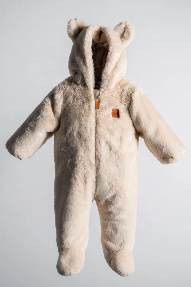 Ayıcık Kulaklı Peluş %100 Pamuklu Fermuarlı Kapişon Astar Kışlık Erkek Bebek Astronot Tulum Kozmonot Bej - 0-3 AY