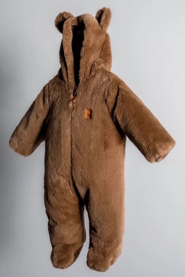 Ayıcık Kulaklı Peluş %100 Pamuklu Fermuarlı Kapişon Astar Kışlık Erkek Bebek Astronot Tulum Kozmonot Kahverengi - 9-12 Ay