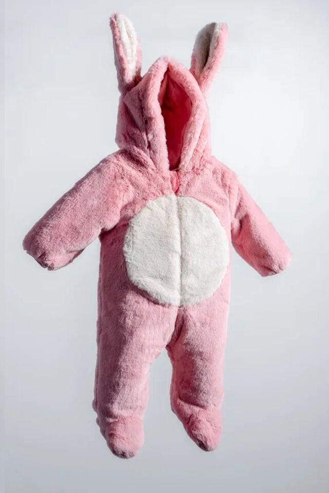 Tavşan Kulaklı Peluş %100 Pamuklu Fermuarlı Kapişon Patikli Kışlık Kız Bebek Astronot Tulum Kozmonot Fuşya - 12-18 Ay