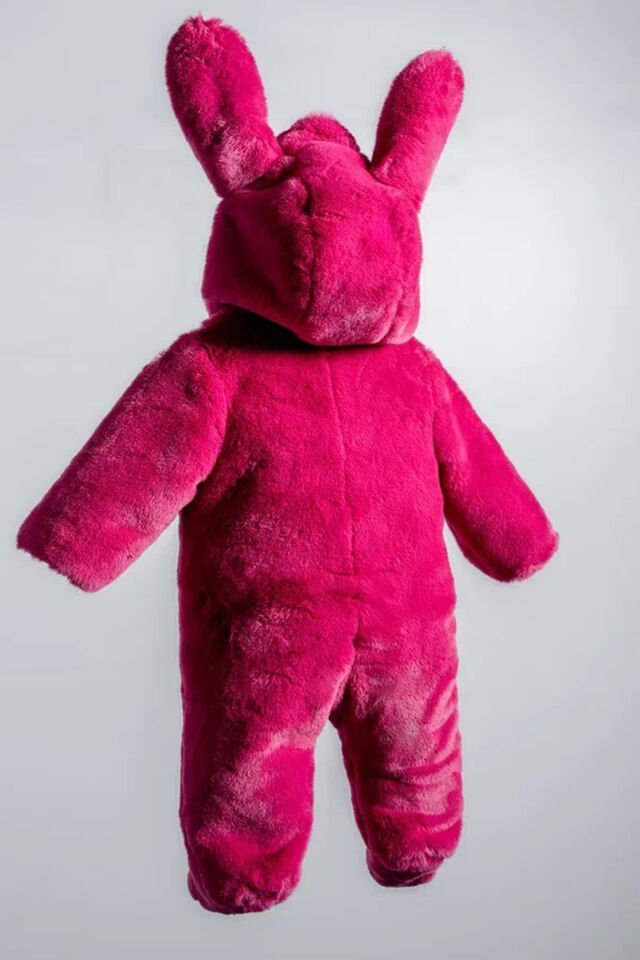 Tavşan Kulaklı Peluş %100 Pamuklu Fermuarlı Kapişon Patikli Kışlık Kız Bebek Astronot Tulum Kozmonot Fuşya - 12-18 Ay