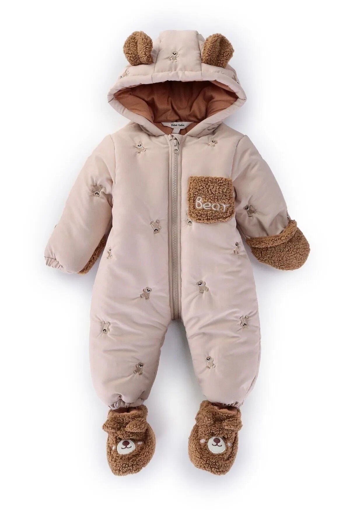 Ayılı Erkek Bebek Astronot Tulum Bebek Tulum Kozmonot Tulum Çocuk Astronot Tulum Bebek Astronot Mont Bej - 24 Ay