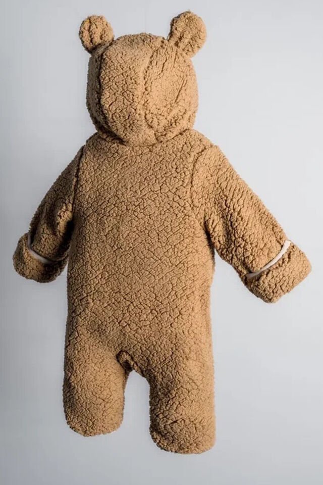Zürafa Desenli Peluş %100 Pamuklu Fermuarlı İçi Astarlı Kışlık Erkek Bebek Astronot Tulum Kozmonot Kahverengi - 3-6 Ay