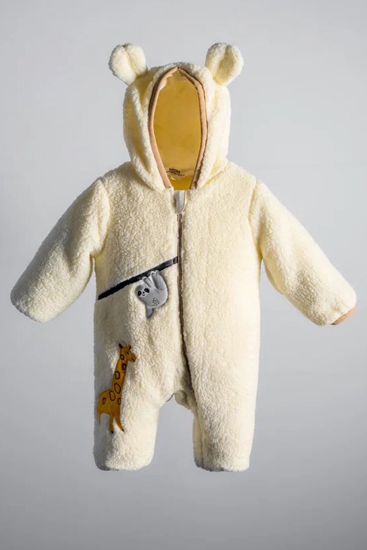 Zürafa Desenli Peluş %100 Pamuklu Fermuarlı İçi Astarlı Kışlık Erkek Bebek Astronot Tulum Kozmonot 3-6 Ay - Krem